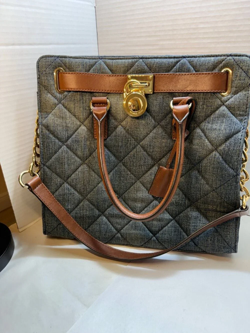 Michael Kors Quilted Denim Tote Bag with Leather Trim